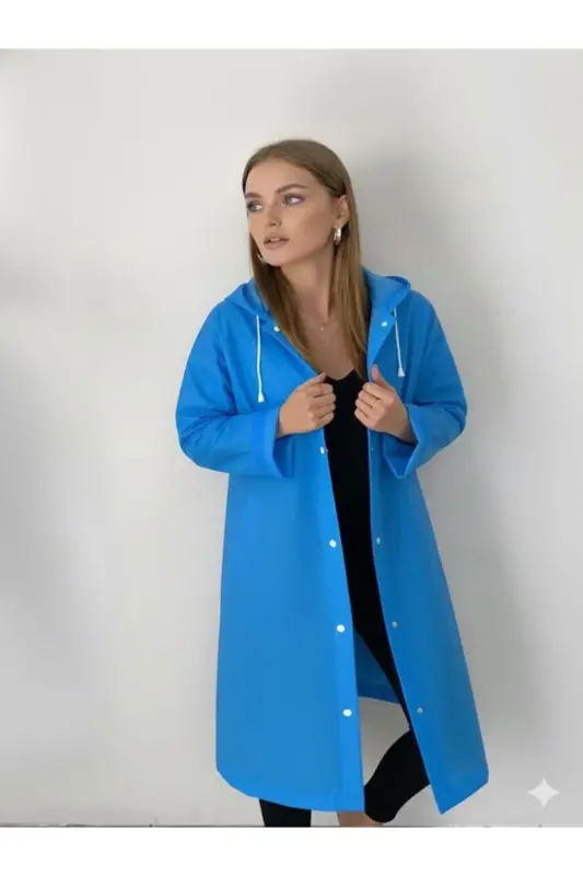 Unisex Açık Mavi Eva Kumaş Su Rüzgar Geçirmez Yağmurluk Taraftar Yağmurluğu-Mavi - 2