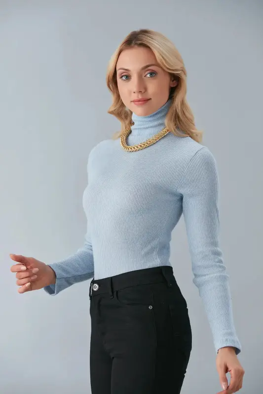 Unisex Açık Mavi Pamuklu Kumaş Balıkçı Yaka Kaşkorse Şardonlu Slimfit Boğazlı Kazak - Açık Mavi - 2