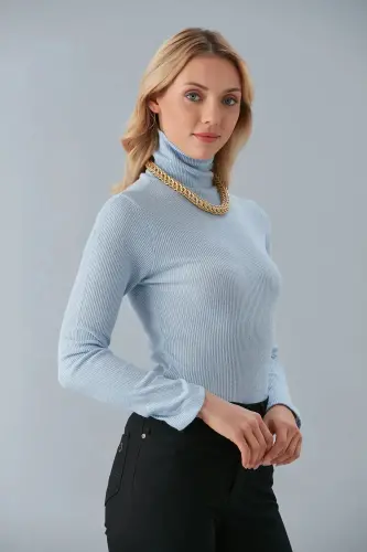 Unisex Açık Mavi Pamuklu Kumaş Balıkçı Yaka Kaşkorse Şardonlu Slimfit Boğazlı Kazak - Açık Mavi - 3