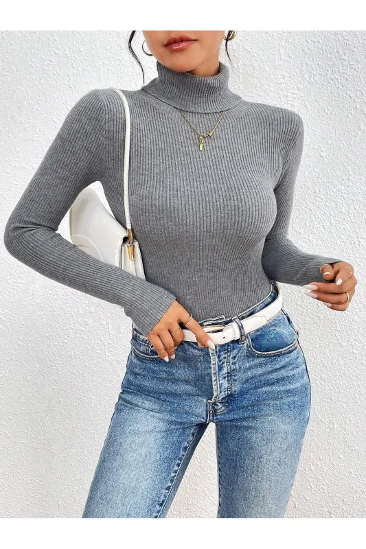 Unisex Anthracite Gray Cotton Turtleneck Sweatshirt Slimfit Turtleneck Sweater-Anthracite Gray - 2