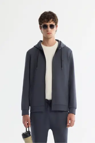 Erkek Antrasit Kapüşonlu İnterlok Kumaş Fermuarlı Basic Regular Fit Sweatshirt B001102 - Antrasit 