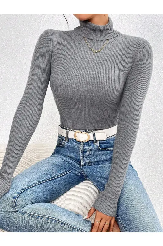 Unisex Antrasit kulrang paxtalik baliqchi yoqali shardonli slimfit bo'g'izli kozok-Antrasit kulrang - 1