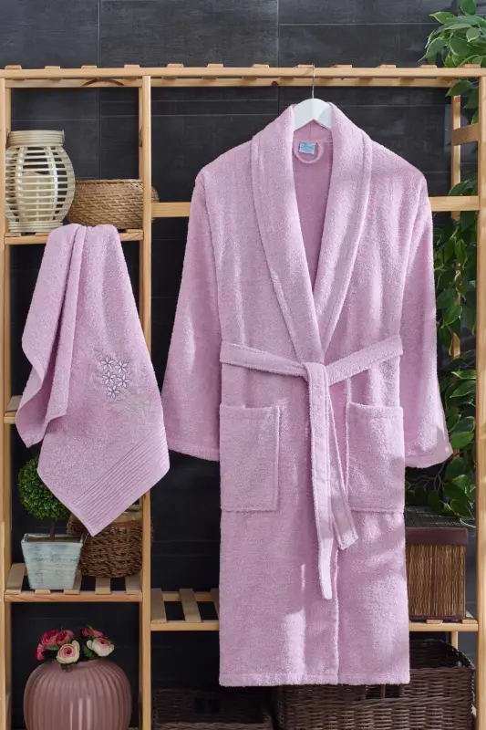 Unisex Arya Havlulu Bornoz Seti | Nakışlı | Pamuklu - Leylak - TABEA HOME