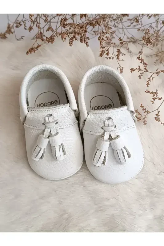 Unisex Axel Plain White Genuine Leather Baby Moccasin Shoes-Plain White - HODORE
