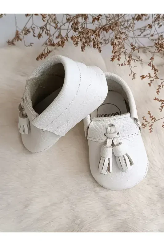 Unisex Axel Plain White Genuine Leather Baby Moccasin Shoes-Plain White - 2
