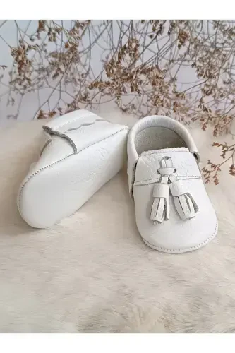 Unisex Axel Plain White Genuine Leather Baby Moccasin Shoes-Plain White - 3