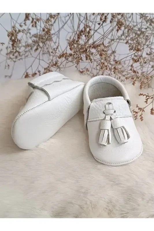 Unisex Axel Plain White Genuine Leather Baby Moccasin Shoes-Plain White - 3