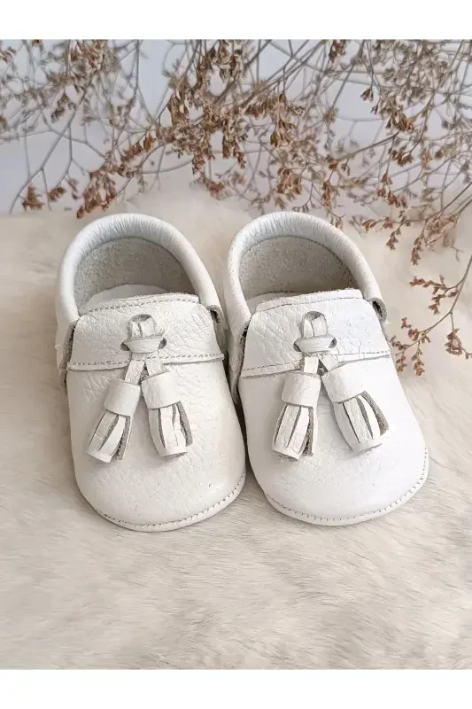 Unisex Axel Plain White Genuine Leather Baby Moccasin Shoes-Plain White - 4