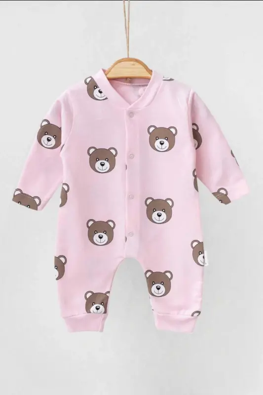 Unisex ayiqchali bosma naqshli tug'ma chaqaloq kombinezoni 100% paxta elastik 1-3-6 oylik-PUSHTI AYIQ - DINAMIK ÇOCUK