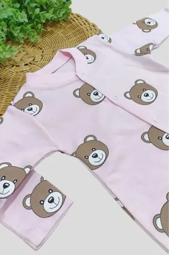 Unisex ayiqchali bosma naqshli tug'ma chaqaloq kombinezoni 100% paxta elastik 1-3-6 oylik-PUSHTI AYIQ - 5