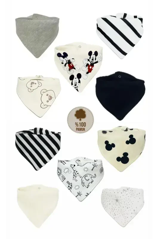 Unisex Baby 100% Cotton Black White Tones Double Layer Scarf Bib - Drool Bib 10 Pieces - LUMOS TRADE
