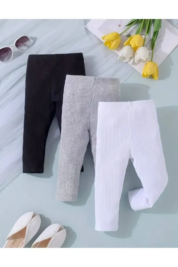 Unisex Baby and Kids Ribbed Basic Leggings 3 Pcs Set - 1