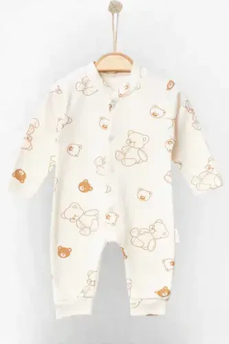 Unisex Baby Bear Print Ribbed Fabric Snap-Button Newborn Baby Romper 100% Cotton Flexible 1-3-6 Months-WHITE BEAR - 1