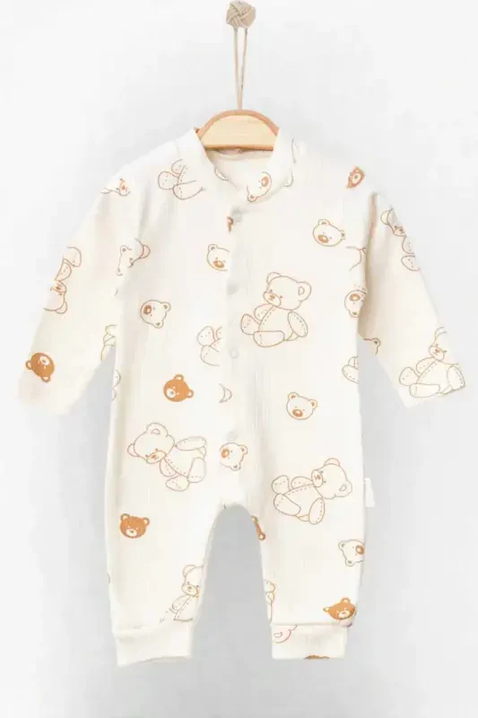 Unisex Baby Bear Print Ribbed Fabric Snap-Button Newborn Baby Romper 100% Cotton Flexible 1-3-6 Months-WHITE BEAR - 1