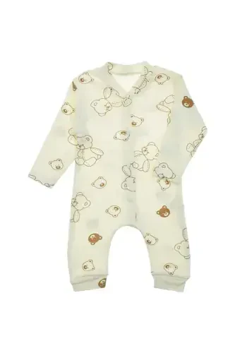 Unisex Baby Bear Print Ribbed Fabric Snap-Button Newborn Baby Romper 100% Cotton Flexible 1-3-6 Months-WHITE BEAR - DINAMIK ÇOCUK (1)