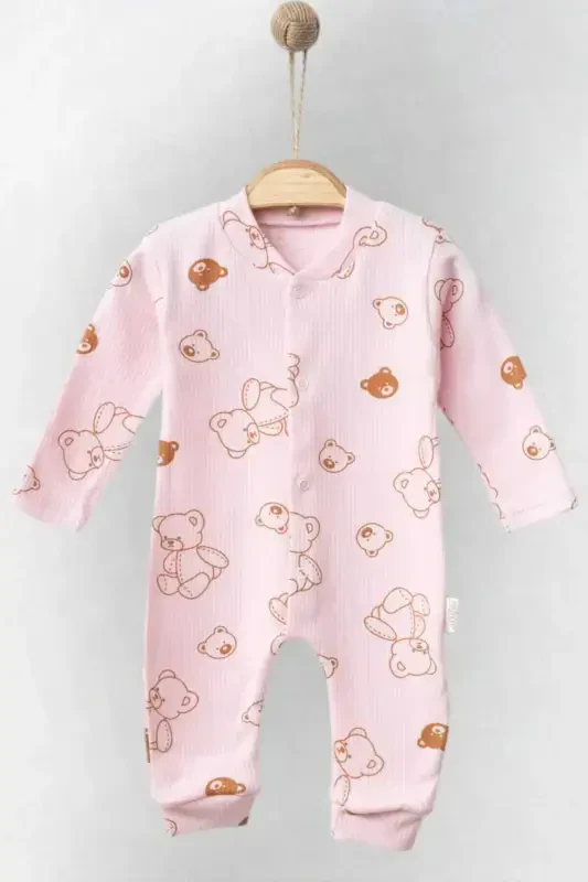 Unisex Baby Bear Print Ribbed Fabric Snap Fastener Newborn Baby Jumpsuit 100% Cotton Flexible-PINK BEAR - DINAMIK ÇOCUK