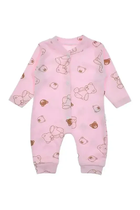Unisex Baby Bear Print Ribbed Fabric Snap Fastener Newborn Baby Jumpsuit 100% Cotton Flexible-PINK BEAR - 2