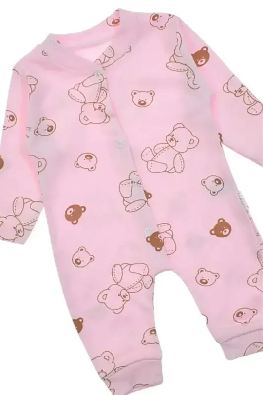 Unisex Baby Bear Print Ribbed Fabric Snap Fastener Newborn Baby Jumpsuit 100% Cotton Flexible-PINK BEAR - 4
