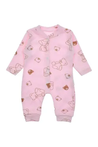 Unisex Baby Bear Print Ribbed Fabric Snap Fastener Newborn Baby Jumpsuit 100% Cotton Flexible-PINK BEAR - 2