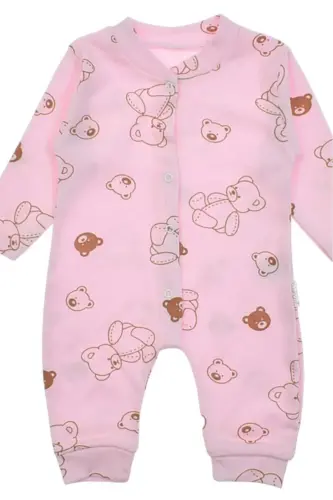 Unisex Baby Bear Print Ribbed Fabric Snap Fastener Newborn Baby Jumpsuit 100% Cotton Flexible-PINK BEAR - 3