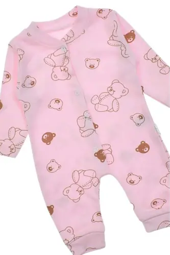 Unisex Baby Bear Print Ribbed Fabric Snap Fastener Newborn Baby Jumpsuit 100% Cotton Flexible-PINK BEAR - 4