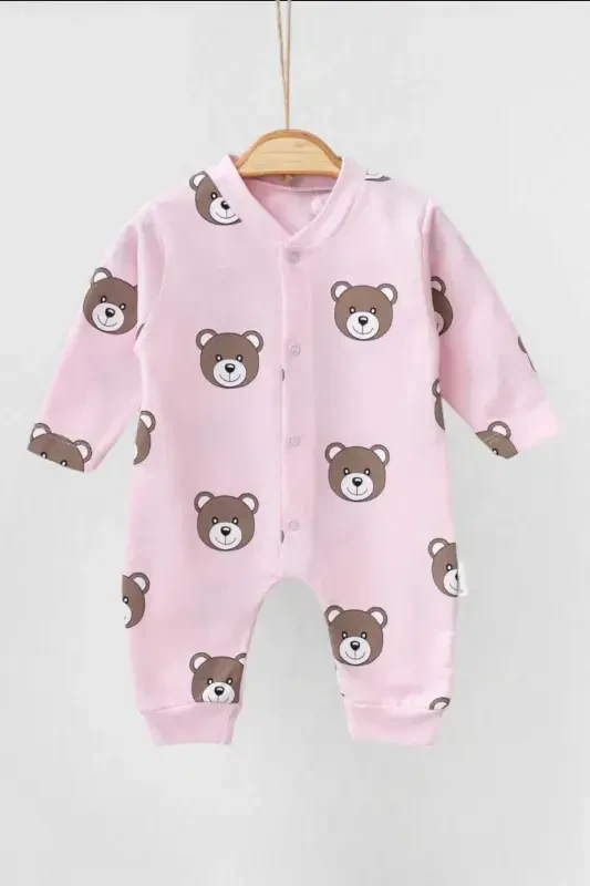 Unisex Baby Bear Print Snap Fastener Newborn Baby Romper 100% Cotton Flexible 1-3-6 Months-PINKBEAR - 1