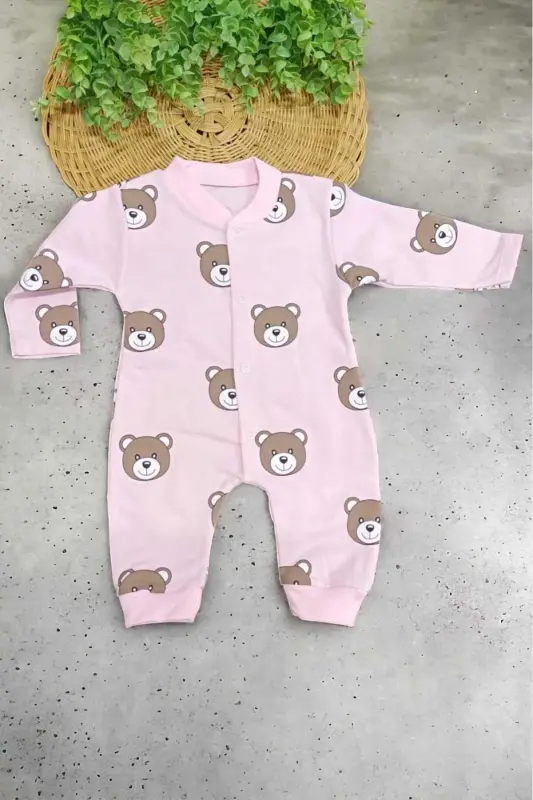 Unisex Baby Bear Print Snap Fastener Newborn Baby Romper 100% Cotton Flexible 1-3-6 Months-PINKBEAR - 2