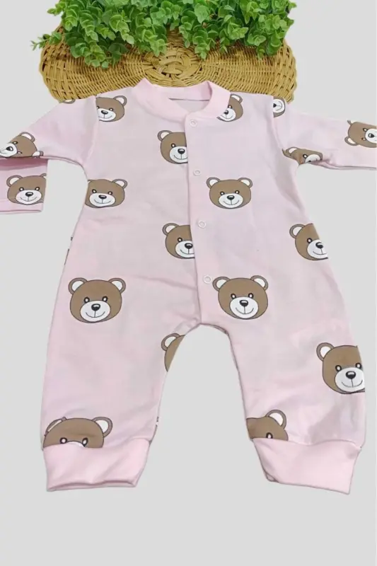 Unisex Baby Bear Print Snap Fastener Newborn Baby Romper 100% Cotton Flexible 1-3-6 Months-PINKBEAR - 3