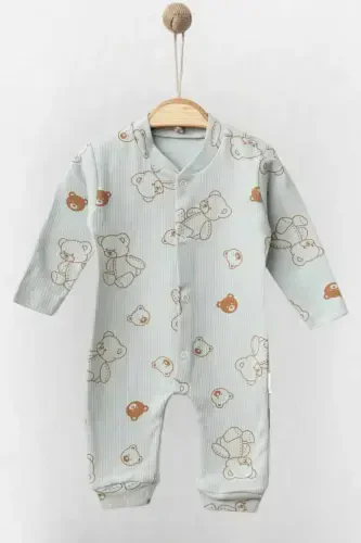 Unisex Baby Bear Printed Ribbed Fabric Snap-Buttoned Newborn Baby Jumpsuit 100% Cotton Flexible 1-3-6 Months-GREEN BEAR - 1