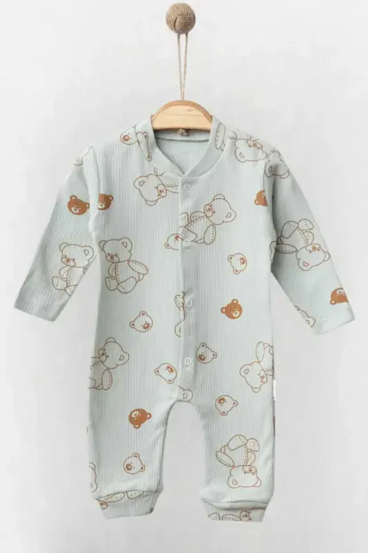 Unisex Baby Bear Printed Ribbed Fabric Snap-Buttoned Newborn Baby Jumpsuit 100% Cotton Flexible 1-3-6 Months-GREEN BEAR - 1