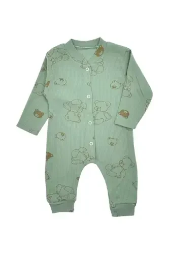 Unisex Baby Bear Printed Ribbed Fabric Snap-Buttoned Newborn Baby Jumpsuit 100% Cotton Flexible 1-3-6 Months-GREEN BEAR - 2