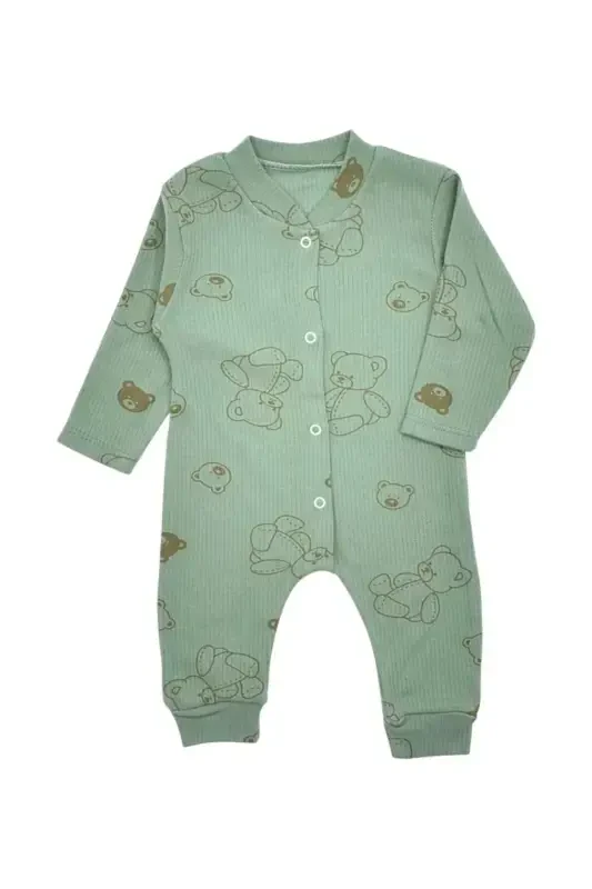 Unisex Baby Bear Printed Ribbed Fabric Snap-Buttoned Newborn Baby Jumpsuit 100% Cotton Flexible 1-3-6 Months-GREEN BEAR - 2