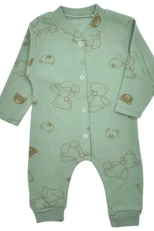 Unisex Baby Bear Printed Ribbed Fabric Snap-Buttoned Newborn Baby Jumpsuit 100% Cotton Flexible 1-3-6 Months-GREEN BEAR - 3