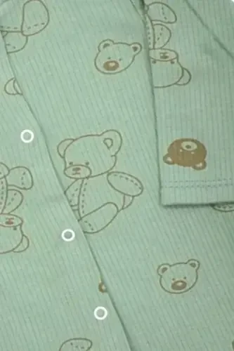 Unisex Baby Bear Printed Ribbed Fabric Snap-Buttoned Newborn Baby Jumpsuit 100% Cotton Flexible 1-3-6 Months-GREEN BEAR - 5