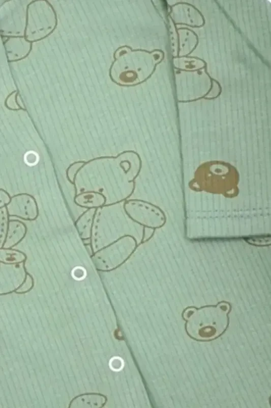 Unisex Baby Bear Printed Ribbed Fabric Snap-Buttoned Newborn Baby Jumpsuit 100% Cotton Flexible 1-3-6 Months-GREEN BEAR - 5
