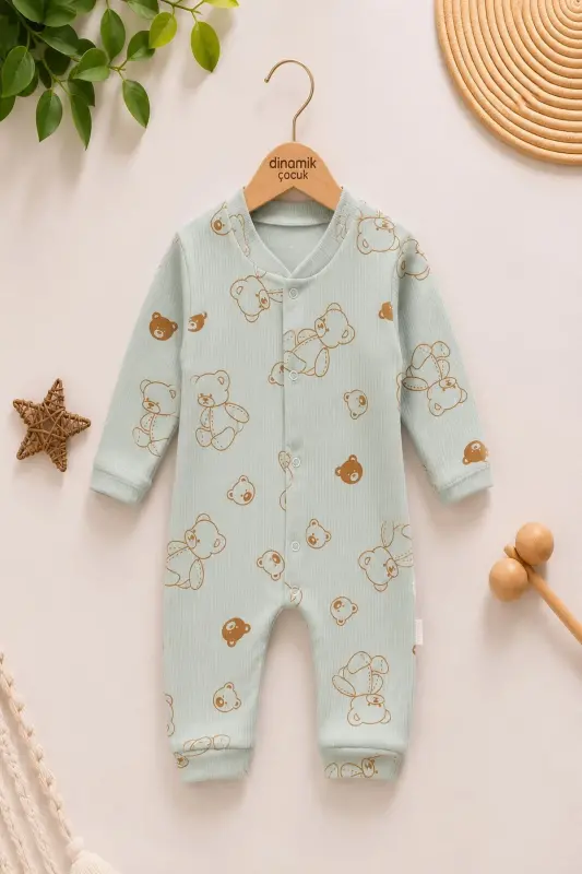 Unisex Baby Bear Printed Ribbed Fabric Snap-Buttoned Newborn Baby Jumpsuit 100% Cotton Flexible 1-3-6 Months-GREEN BEAR - 1