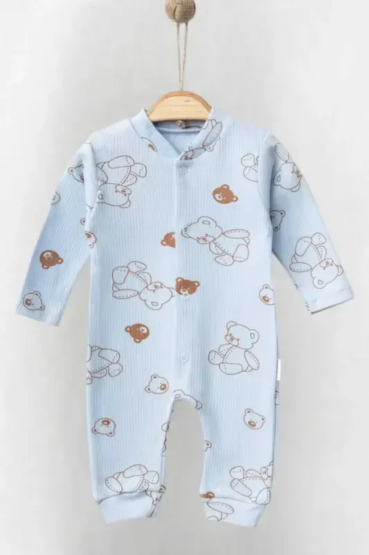 Unisex Baby Bear Printed Ribbed Fabric Snap Fastener Newborn Baby Romper 100% Cotton Flexible 1-3-6 Months-BLUE BEAR - 1