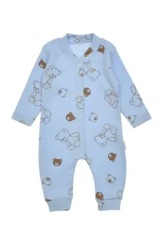 Unisex Baby Bear Printed Ribbed Fabric Snap Fastener Newborn Baby Romper 100% Cotton Flexible 1-3-6 Months-BLUE BEAR - 2