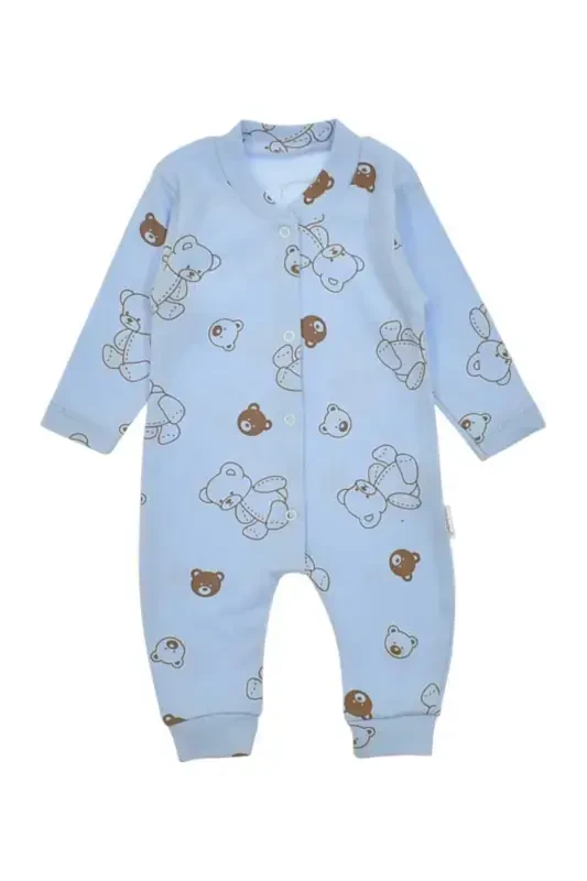 Unisex Baby Bear Printed Ribbed Fabric Snap Fastener Newborn Baby Romper 100% Cotton Flexible 1-3-6 Months-BLUE BEAR - 2