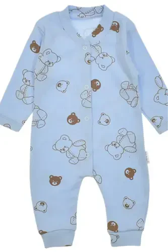 Unisex Baby Bear Printed Ribbed Fabric Snap Fastener Newborn Baby Romper 100% Cotton Flexible 1-3-6 Months-BLUE BEAR - 3