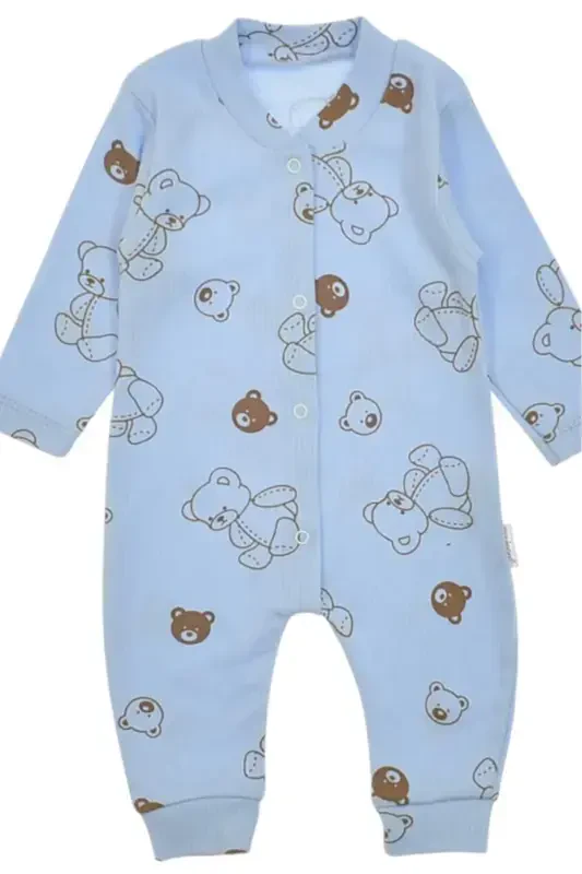 Unisex Baby Bear Printed Ribbed Fabric Snap Fastener Newborn Baby Romper 100% Cotton Flexible 1-3-6 Months-BLUE BEAR - 3