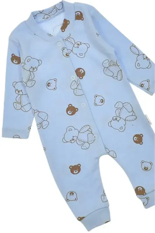 Unisex Baby Bear Printed Ribbed Fabric Snap Fastener Newborn Baby Romper 100% Cotton Flexible 1-3-6 Months-BLUE BEAR - 4