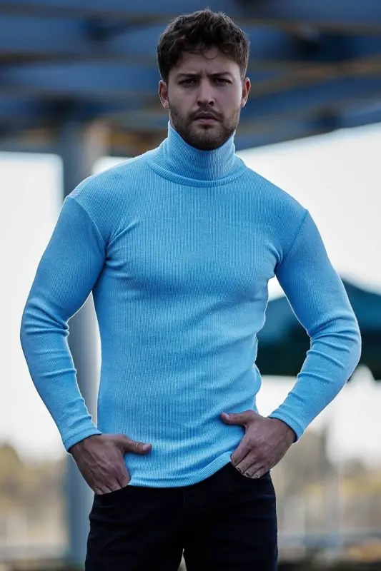 Unisex Baby Blue Cotton Ribbed Brushed Slim Fit Turtleneck Sweater-BABY BLUE - 2