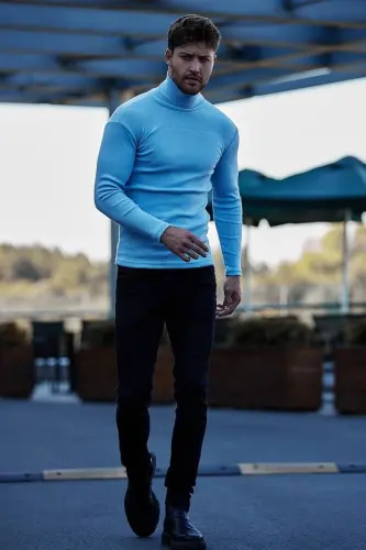 Unisex Baby Blue Cotton Ribbed Brushed Slim Fit Turtleneck Sweater-BABY BLUE - 3