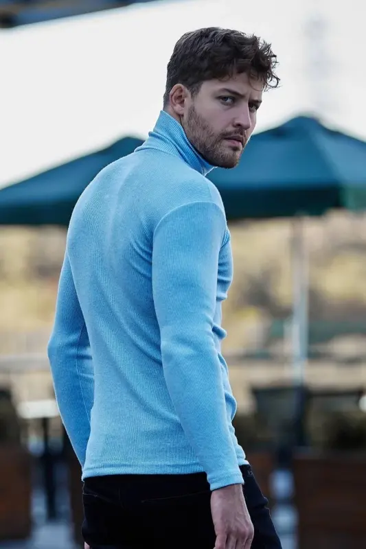 Unisex Baby Blue Cotton Ribbed Brushed Slim Fit Turtleneck Sweater-BABY BLUE - 4