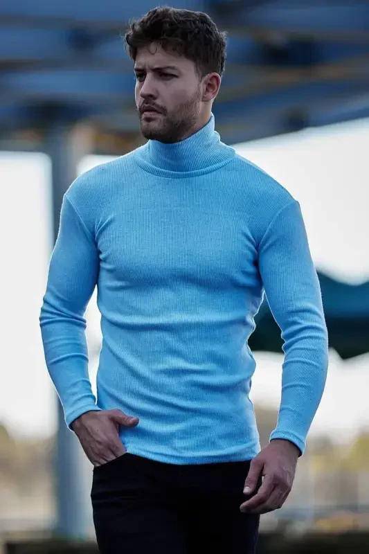 Unisex Baby Blue Cotton Ribbed Brushed Slim Fit Turtleneck Sweater-BABY BLUE - Modazone