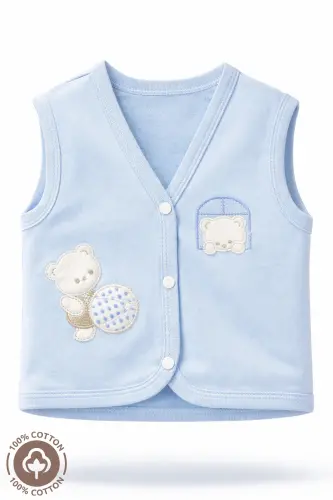 Unisex Baby Bulk Teddy Bear Embroidered Organic Cotton 3-6-9 Months 3-Piece Knitted Baby Vest Set-Blue - MINIEL (1)
