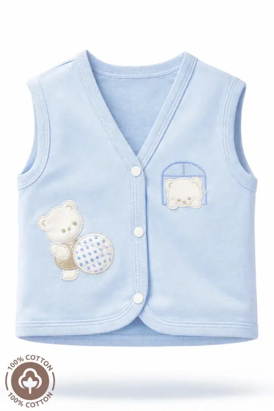 Unisex Baby Bulk Teddy Bear Embroidered Organic Cotton 3-6-9 Months 3-Piece Knitted Baby Vest Set-Blue - 2