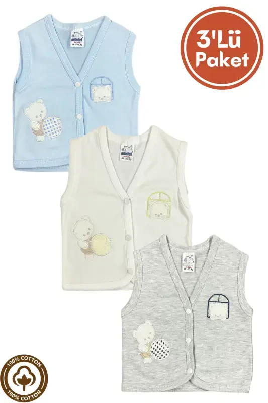 Unisex Baby Bulk Teddy Bear Embroidered Organic Cotton 3-6-9 Months 3-Piece Knitted Baby Vest Set-Blue - Modazone