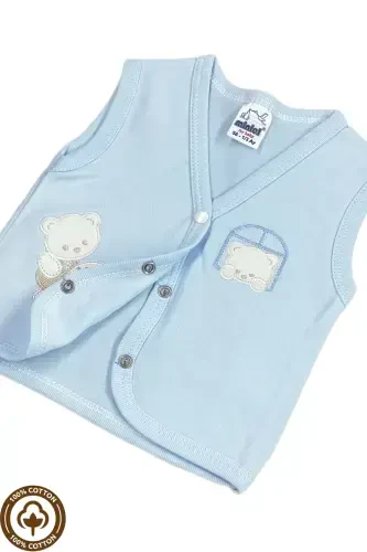 Unisex Baby Bulk Teddy Bear Embroidered Organic Cotton 3-6-9 Months 3-Piece Knitted Baby Vest Set-Blue - Modazone (1)